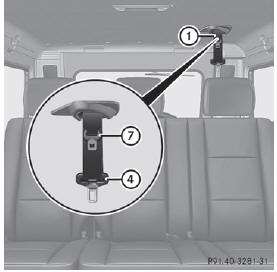 ► Pull both seat belt tongues 4 and 7 from