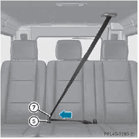 ► Pull movable seat belt tongue 7 and route